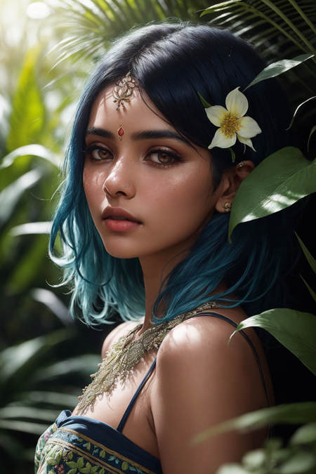 01294-3889919804-fashion photography portrait of indian girl with blue hair, in lush jungle with flowers, 3d render, cgi, symetrical, octane rend.png